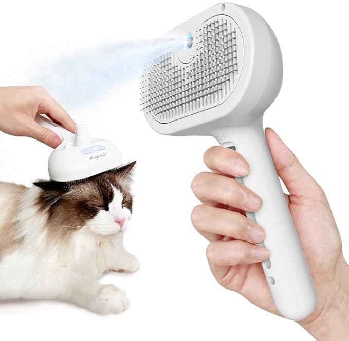 L&W BROS. Steam Grooming Brush for Shedding and Detangling – Self-Cleaning Steamy Pet Brush with Mist Spray for Long-Haired Cats and Small Dogs (White)-Mewly Pet