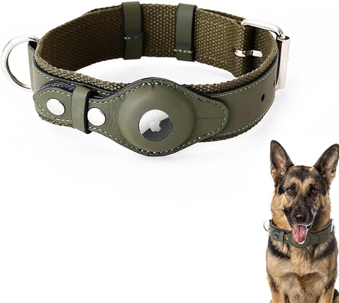 AirTag Dog Collar Soft Leather Webbing Dog Collar for AirTag Provides Double Protection for Small Medium and Large Dogs(Green,S)-Mewly Pet