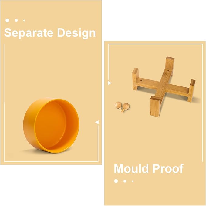 SPUNKYJUNKY 15° Slanted Ceramic Dog and Cat Bowl with Wooden Stand, Tilted Bulldog Food and Water Bowl No Slip Non-Spill for Cats Medium Dogs Big Face Pets 28.7 OZ (3.6 Cups, Yellow)-Mewly Pet