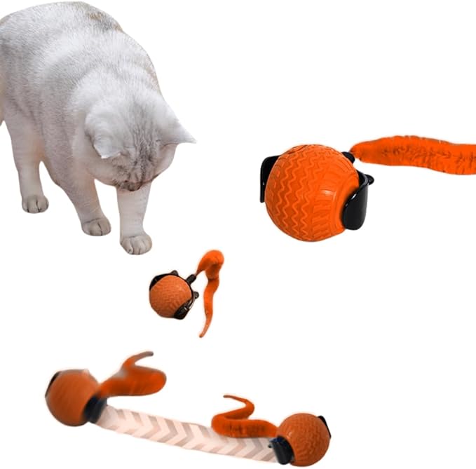 Interactive Cat Toys with Tail Rechargeable Cat Ball Toy with 3 Model Automatic Moving Balls Electric Fast Rolling Toy for Lazy Cats (Red)-Mewly Pet