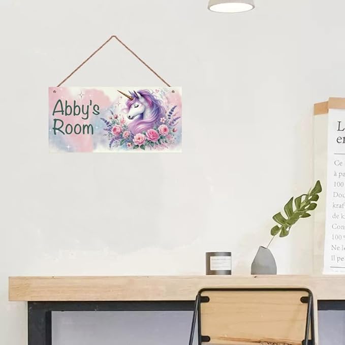 Personalized Vintage Unicorn Signs Magic Horse Sign For Kids Room Custom Name Door Wall Decor Flowers Floral Nursery Art Plate For Boys Room Girls Bedroom