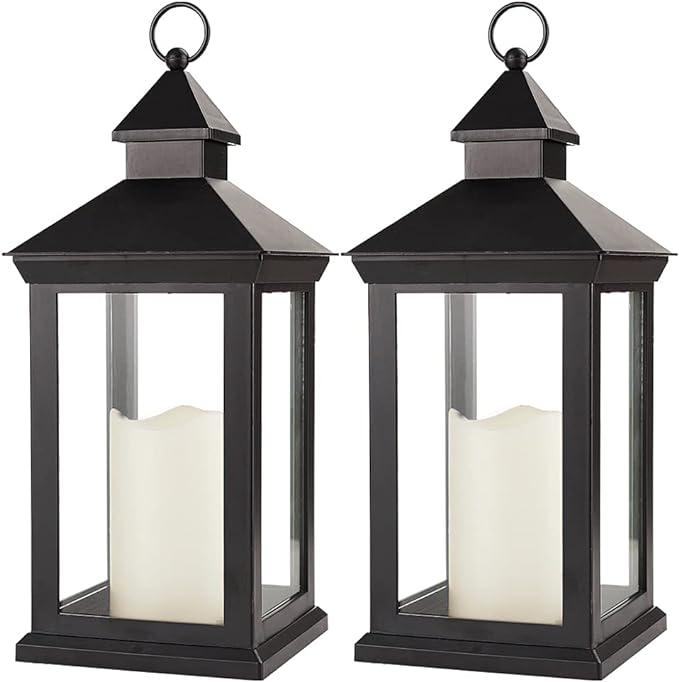 Bright Zeal 2-Pack 14" Decorative Candle Lantern Black Outdoor Lanterns with Timer Candles - IP44 Waterproof Vintage Lanterns Battery Powered LED Decorative for Wedding - Warm White Hanging Wall