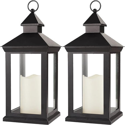Bright Zeal 2-Pack 14" Decorative Candle Lantern Black Outdoor Lanterns with Timer Candles - IP44 Waterproof Vintage Lanterns Battery Powered LED Decorative for Wedding - Warm White Hanging Wall