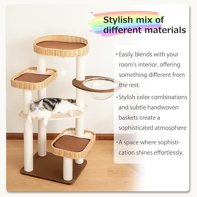 48'' Cat Tree for Large Cats, Modern Cat Tree Multi-Level Condo with Natural Wood, Cat Activity Centre for Medium and Big Pets-Mewly Pet