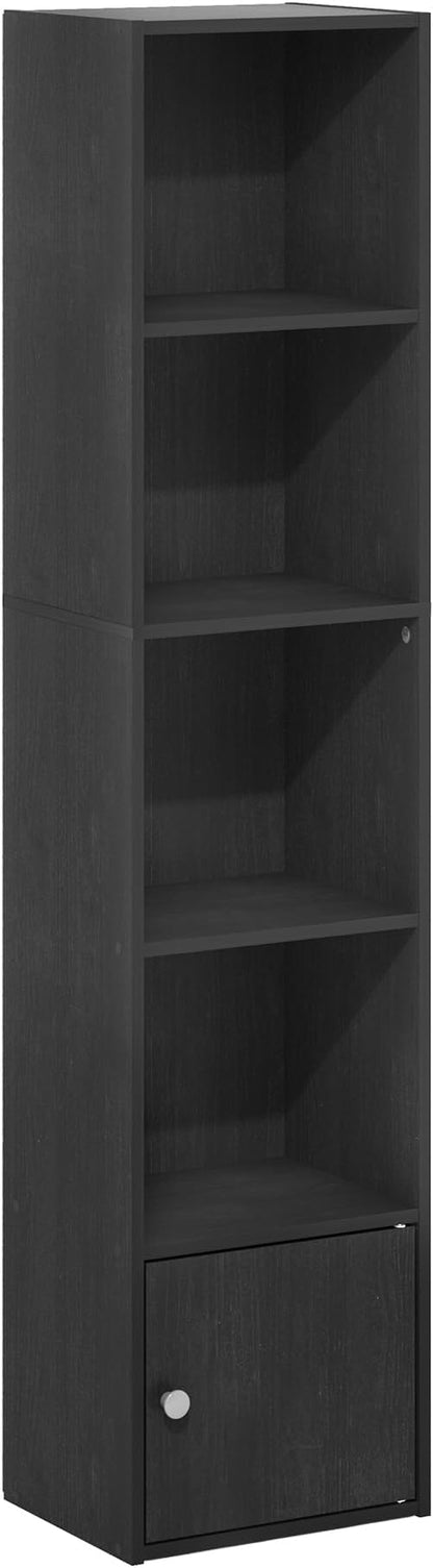 Furinno LUDER Book Shelf, 5-Tier Modern Bookshelf, Bookcase with 1 Door Storage Cabinet, 9.3" x 12" x 52", for Living Room, Bedroom, Home Office, Blackwood