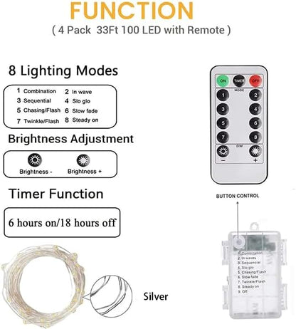 2 Pack 100 LED Fairy Lights Battery Operated with Remote, 33FT Waterproof Twinkle Lights with Timer & 8 Modes, Fairy String Light Outdoor Indoor for Bedroom Classroom DIY Christmas Decor (Cool White)