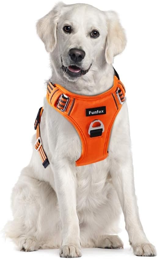 Funfox Dog Harness No Pull, Adjustable Pet Vest Harness, Super Soft Material with Vertical Handle Easy Control, Reflective Night Walking, 2 Leash Clips for XLarge Dogs, Orange, XL-Mewly Pet
