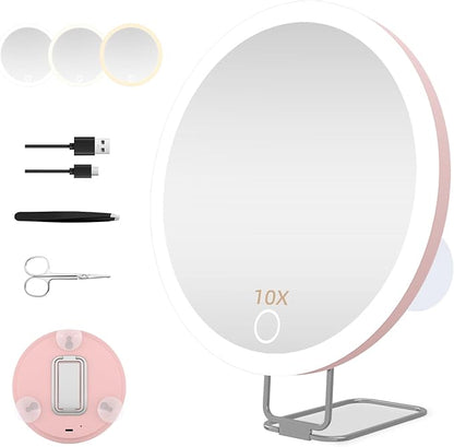 20X Magnifying Mirror with Light, Large 6inch Lighted Magnified Mirror 20x with 3 Suction Cups and 360° Table Stand, Rechargeable 3 Colors Dimming Vanity Makeup Mirror with Tweezers & Scissors