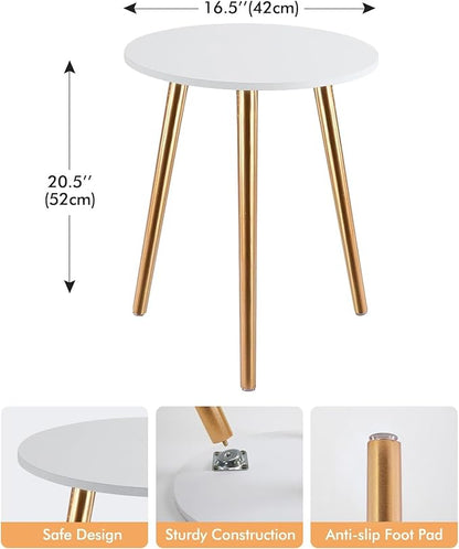 Apicizon Round Side Table, Gold Nightstand End Table for Living Room, Bedroom Home Decor Bedside Table with Gold Wood Legs 16.5 Inches