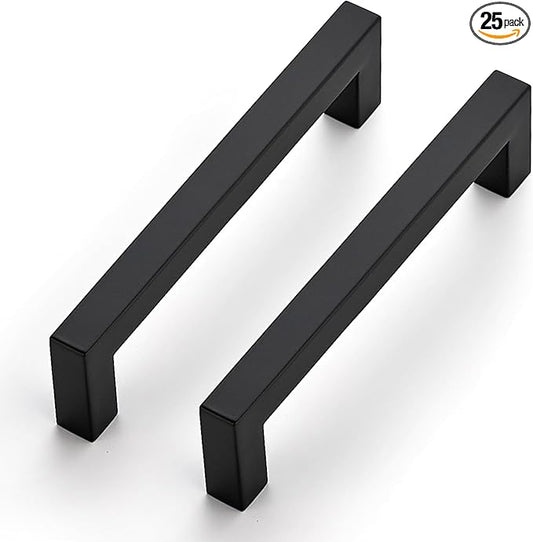 JOY DECOR 25 Pack Cabinet Handles, Black Cabinet Pulls, 5 Inch Kitchen Closet Handles Square Drawer Pulls Stainless Steel Drawer Hardware, 128mm Hole Centers