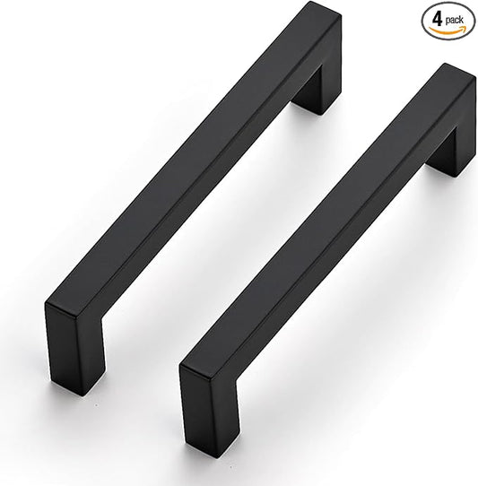 JOY DECOR 4 Pack Cabinet Handles, Black Cabinet Pulls, 5 Inch Kitchen Closet Handles Square Drawer Pulls Stainless Steel Drawer Hardware, 128mm Hole Centers