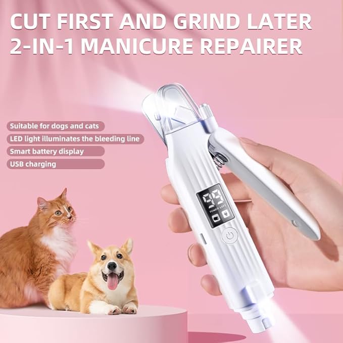 Pet Nail Grinder for Dogs and Cats - 2in1 Dog&Cat Nail Trimmers Super Quiet and Low Vibration Electric Dog Nail Grinder- LED Display Dog Nail Clippers for Large Medium Small Dogs Cats Dog Nail File-Mewly Pet