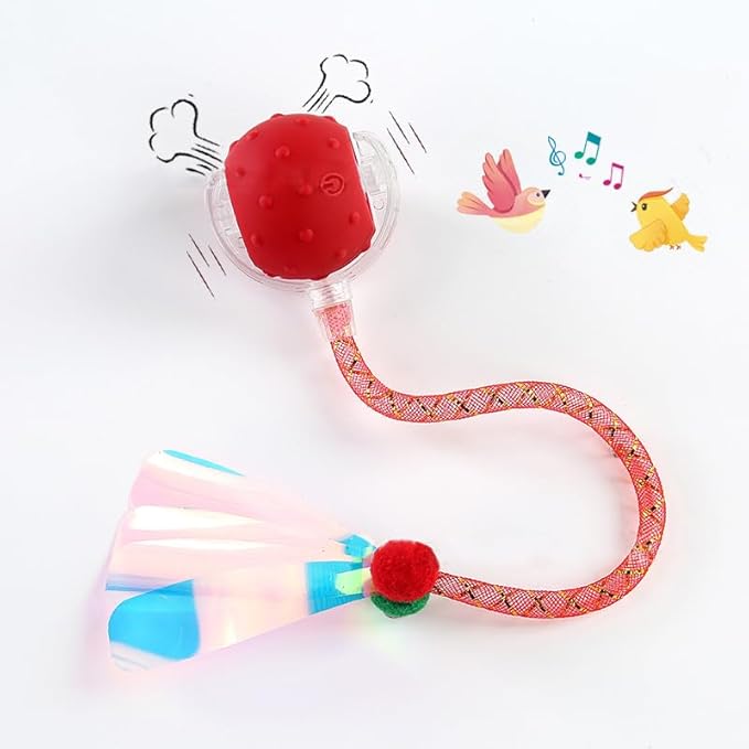 Interactive Cat Toys Ball for Indoor Cats, Automatic Agile Rolling Cat Ball with Elastic Mesh Tail, Bird Chirping & Motion Activated, 2 Tail Accessories, Kitten Toy for Bored (Red)-Mewly Pet