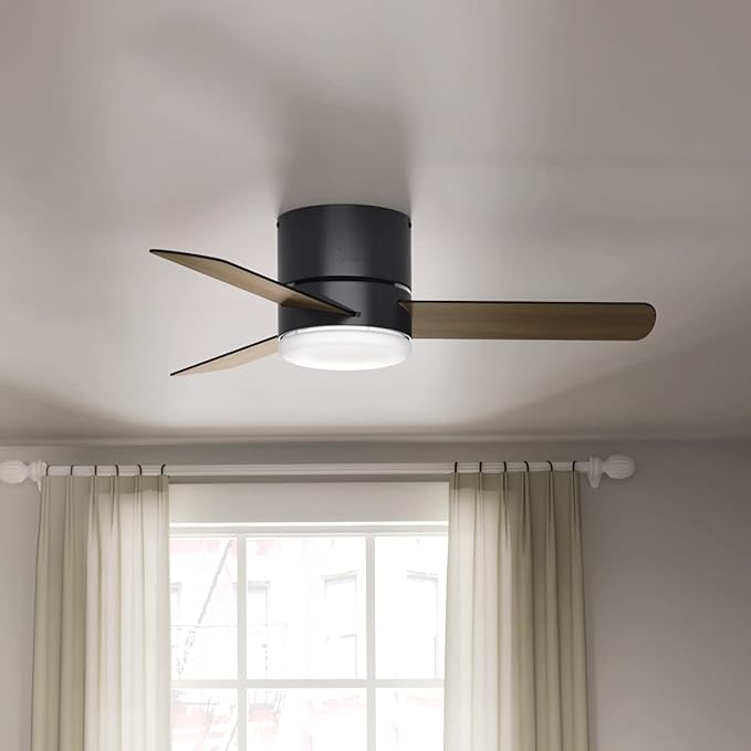 Hunter 44 inch Indoor Ceiling Fan with Light and Remote Control - For Bedroom or Living Room, Low Profile Mount, Black Modern Ceiling Fan with LED Light, Quiet, 3 Blades - Minimus 59453, Matte Black