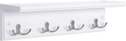 SONGMICS Entryway Hanging Coat Rack, Wall-Mounted Wooden Shelf, with 4 Double Hooks, Wall Floating Shelf, White ULHR42WT