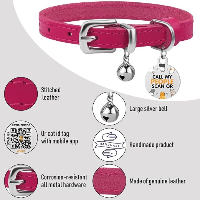 BRONZEDOG Leather Cat Collar with Removable Bells Non Breakaway Kitten QR Tag for Girl Boy (Pink & Silver, 9-12 inch)-Mewly Pet