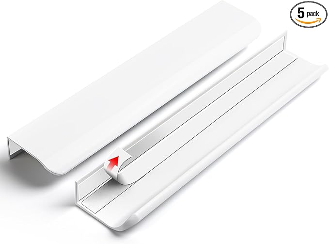 5 Pack 8 inch self Adhesive Cabinet pulls Adhesive Cabinet Handles Drawer Edge pulls Bright White Stick on Handles for Cabinet Finger pulls for Cabinet Adhesive Flat Concealed Drawer Handles