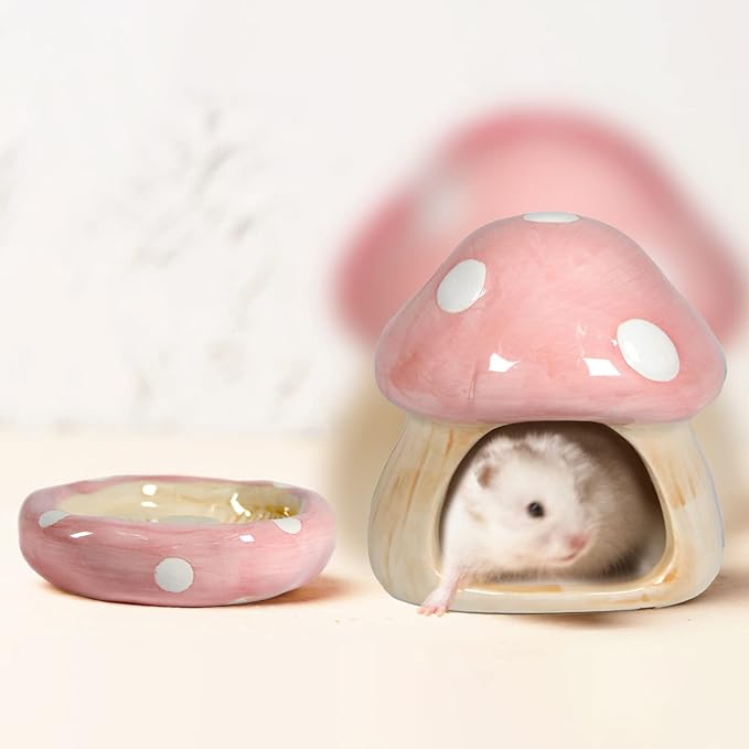 Ceramic Mushroom Guinea Pig House Hamster Hide Bed Includes Hamsters Food Bowl Guinea Pig Hideout for Hamster Chinchilla Hedgehog Rat Small Animals(Pink Mushroom Set)-Mewly Pet