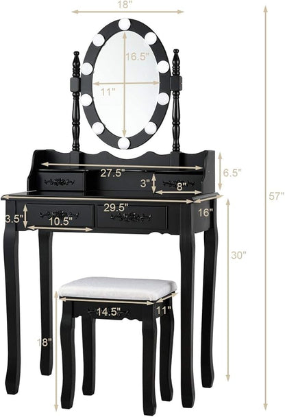 Giantex Makeup Vanity Table with 10 LED Lights, Adjustable Brightness, 4 Drawers, Rotatable Mirror, Cushioned Stool, Vanity Desk Dressing Table Bedroom Furniture (Black)