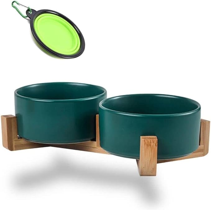 Petygooing Dog Bowls,Green Ceramic Cat Dog Bowl Set with Stand for Food and Water Feeder,Non-Slip Cute Modern Pet Dishes for Cats Small Size Dogs Puppy (13.5OZ/5.1 in)-Mewly Pet