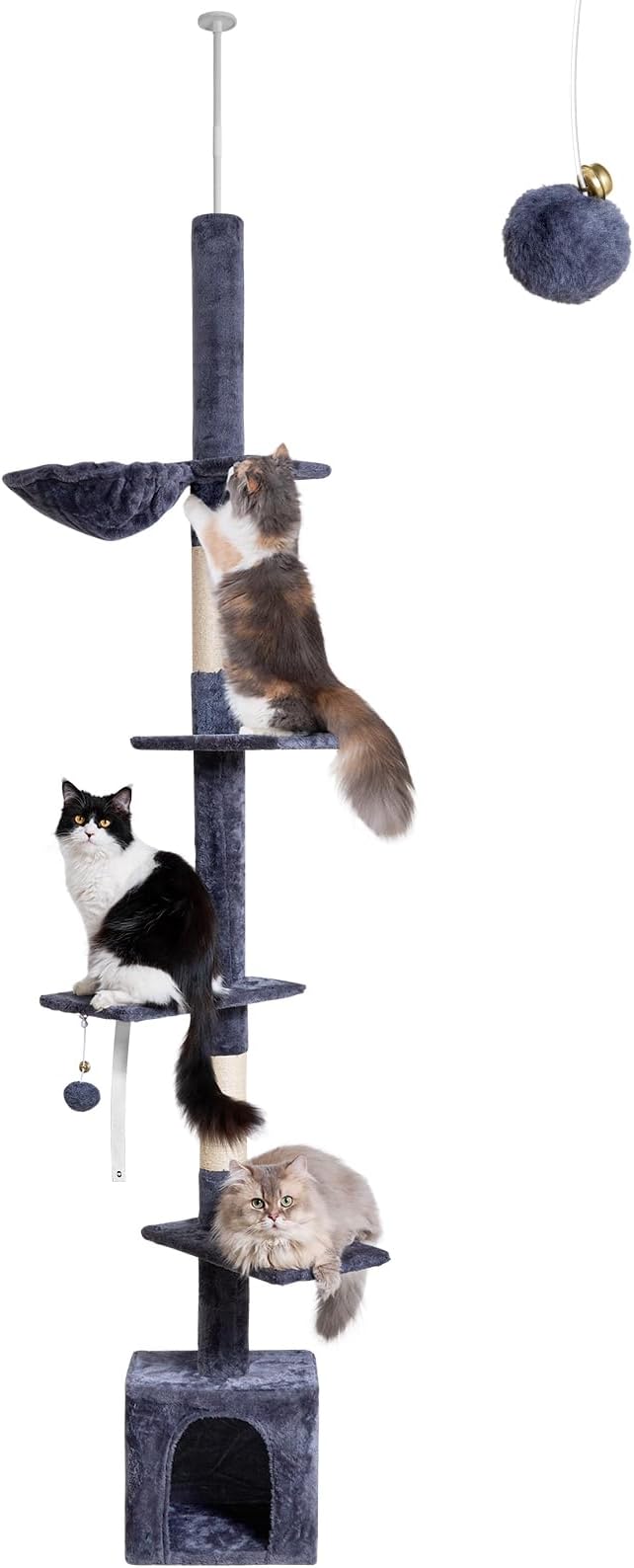 Floor to Ceiling Cat Tree, 5-Tier Height (95-109 inches) - Adjustable Cat Climbing Tower with Sisal Scratching Posts, Cat Condo, Hammock, Platforms, and Hanging Balls-Mewly Pet