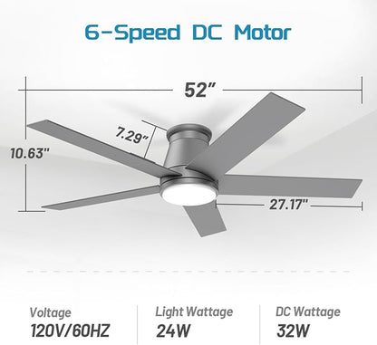 wurzee 52 Inch Flush Mount Ceiling Fan, Matte Silver Ceiling Fan with Light, Reversible DC Motors, Dimmable,Timer, Noiseless, Ceiling fan for Indoor & Outdoor Farmhouses, Dining Rooms