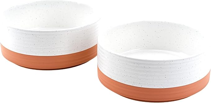 SPUNKYJUNKY Ceramic Dog and Cat Bowls 2 Pack, 6.1'' Dog and Cat Food Water Double Feeding Bowls Non-Slip for Cats and Medium Sized Breed Dogs Microwave Dishwasher Safe - 28.7 OZ, 2pcs, Pattern White-Mewly Pet