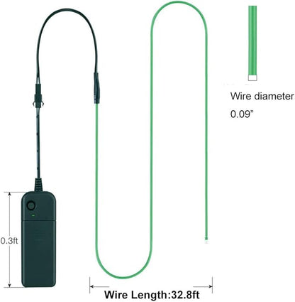 MaxLax EL Wire Green, 32.8ft/10m Portable Battery Pack Neon Light Strip 360° Cuttable Glowing Rope Lights for Parties, Halloween, DIY Decoration