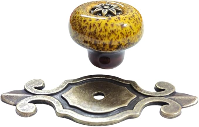 10 Pack Retro Ceramic Knobs,Vintage Dresser Kitchen Petal Cabinet Pulls Rustic Zinc Alloy Base Back Plate Kid Cupboard Wardrobe Drawer Door Handles (Leopard Print Yellow)
