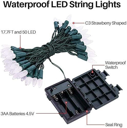 Battery Operated String Lights - 18ft 50 LED C3 String Lights Christmas Lights Battery Powered String Lights for Indoor Outdoor Christmas Tree Wreath Party Decoration, Waterproof, Warm White 2 Pack