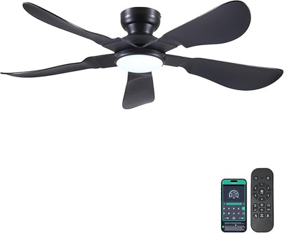52 Inch Modern Ceiling Fans with Lights, Flush Mount Ceiling Fan with Light and Remote/APP Control, 5 Reversible 6 Speeds Curved Blades, 3 CCT Dimmable Lights for Bedroom, Black