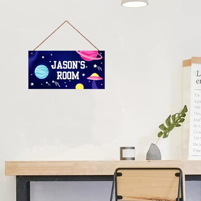 Personalized Outer Space Sign Cute Kids Aerospace Themed For Kids Room Nursery Baby Playroom Door Decor,Custom Name Stars Wall Decor Decorative Plate for Boys Room