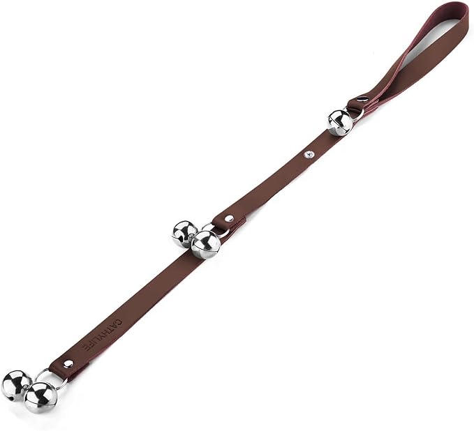 Leather Dog Doorbells for Door Knob/Potty Training/Go Outside, Length Adjustment Copper Dog Bell, Housetraining Hanging Bell, Dark Brown Leather Silver Bells-Mewly Pet