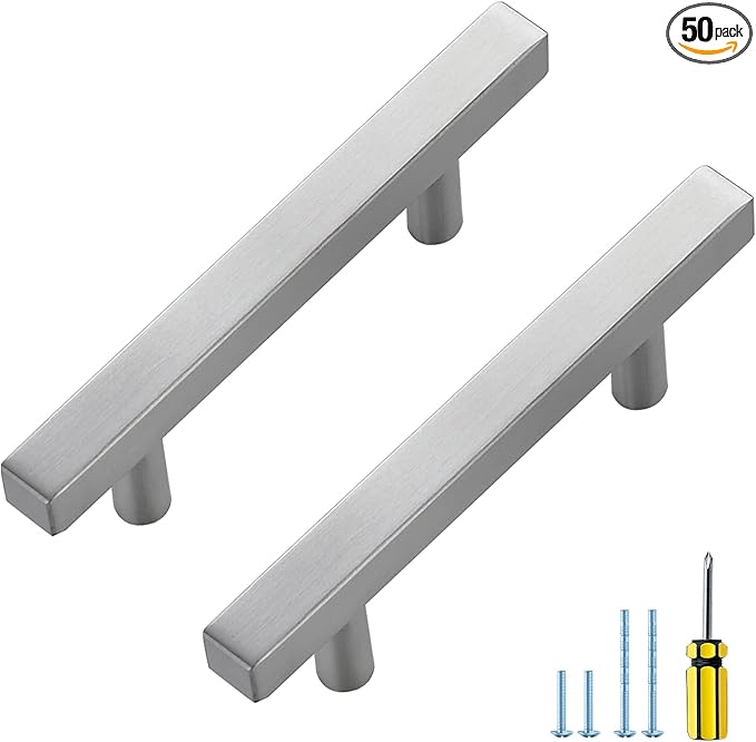 Ravinte 50 Pack Cabinet Handles 3 Inch Brushed Nickel Cabinet Pulls Square Hardware for Kitchen - 5 Inch Total Length