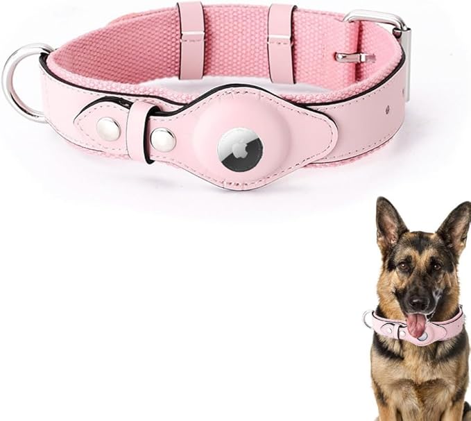 AirTag Dog Collar Soft Leather Webbing Dog Collar for AirTag Provides Double Protection for Small Medium and Large Dogs(Pink,L)-Mewly Pet