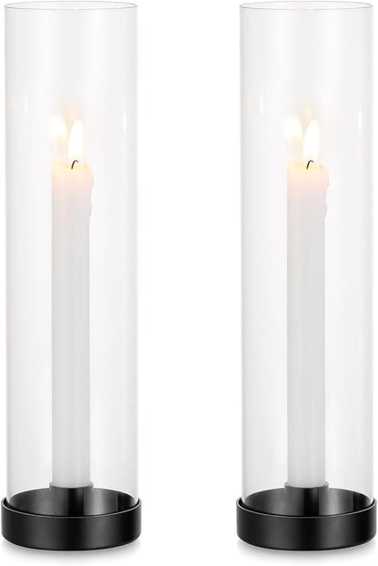 Romadedi Candlestick Candle Holders Hurricane Glass - 12 Inch Clear Black Taper Candle Holders for Table Centerpiece Wedding Party Birthday Christmas Decor Home Decorations, Set of 2