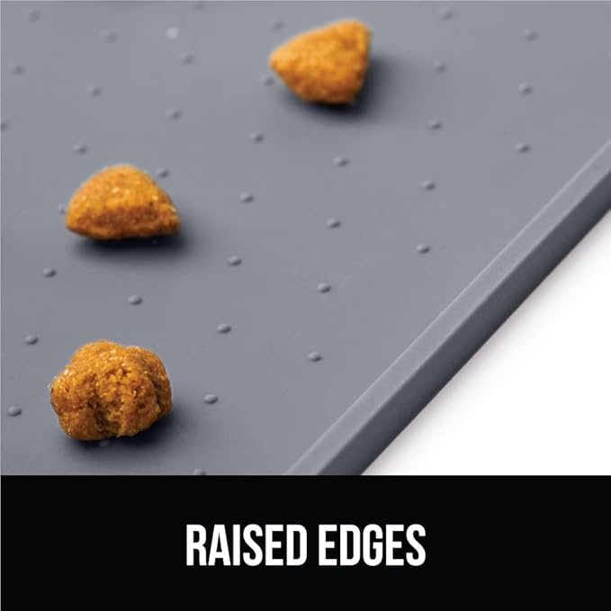 GORILLA GRIP 100% Waterproof Raised Edge BPA Free Silicone Pet Feeding Mat, Dog Cat Food Mats Contain Spills Protects Floors, Placemats for Cats and Dogs Water Bowl, Pets Accessories 18.5x11.5 Gray-Mewly Pet