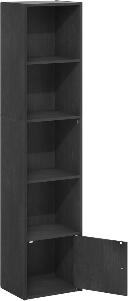 Furinno LUDER Book Shelf, 5-Tier Modern Bookshelf, Bookcase with 1 Door Storage Cabinet, 9.3" x 12" x 52", for Living Room, Bedroom, Home Office, Blackwood