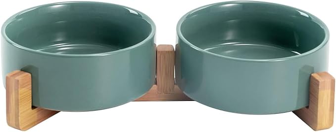 SPUNKYJUNKY Ceramic Dog and Cat Bowl Set with Wooden Stand, Modern Cute Weighted Food Water Set for Small Size Dogs (13.5OZ) & Medium Sized Dogs (28.7OZ) & Cats (1.7 Cups, 2 × Morandi Green)-Mewly Pet
