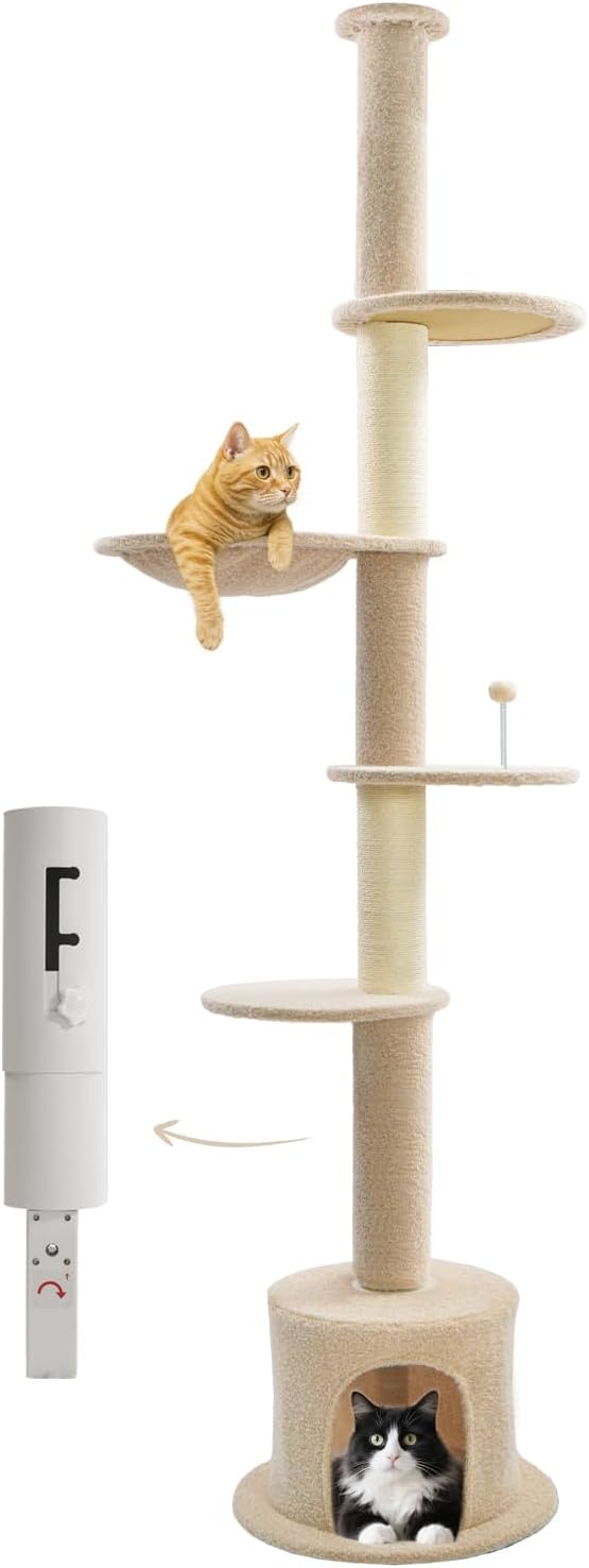 Made4Pets Floor to Ceiling Cat Tree 93-106'',Tall Cat Tower 5 Tiers, Adjustable Height, Stable Cat Tree Tower with Scratching Posts, Fluffy Condo, Hammock and Ball Toy for Indoor Cats/Kitten, Beige-Mewly Pet
