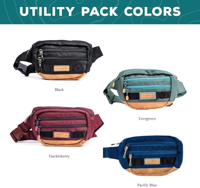 Wilderdog Utility Fanny Pack stores Treats, Balls, Keys in 3 Pockets with adjustable strap and Poop Bag dispenser (Huckleberry)-Mewly Pet