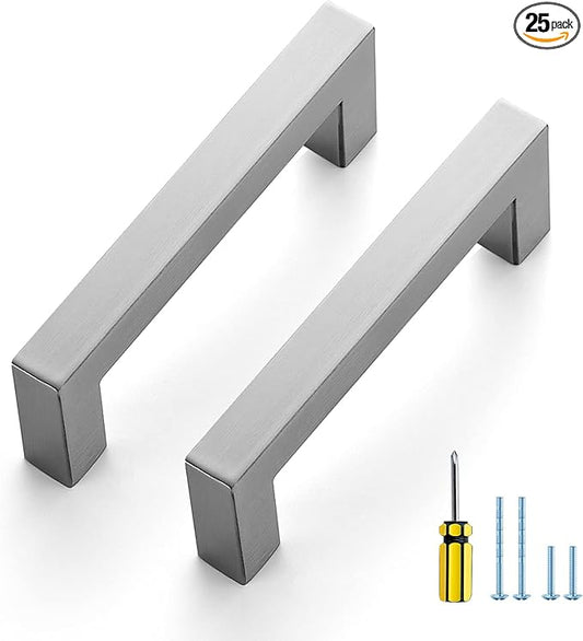 Ravinte 25 Pack Brushed Nickel Kitchen Cabinet Handles 3-1/2 Inch Cabinet Pulls Square Kitchen Hardware for Cabinet Drawer Pulls Drawer Handles Come with Screwdriver