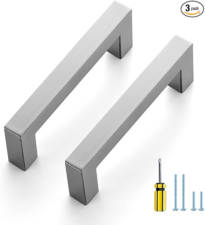 Ravinte 3 Pack Brushed Nickel Kitchen Cabinet Handles 3-1/2 Inch Cabinet Pulls Square Kitchen Hardware for Cabinet Drawer Pulls Drawer Handles Come with Screwdriver