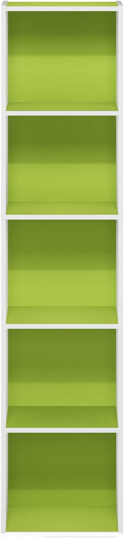 Furinno PASIR Book Shelf, 5-Tier Modern Bookshelf, Open Shelves Bookcase 9" x 12" x 52", for Living Room, Bedroom, Home Office, Green/White