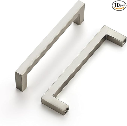 Ravinte 10 Pack Solid Kitchen Cabinet Handles Brushed Nickel Slim Cabinet Pulls Drawer Pulls with 4 Inch Hole Center Square Bar Kitchen Cabinet Hardware