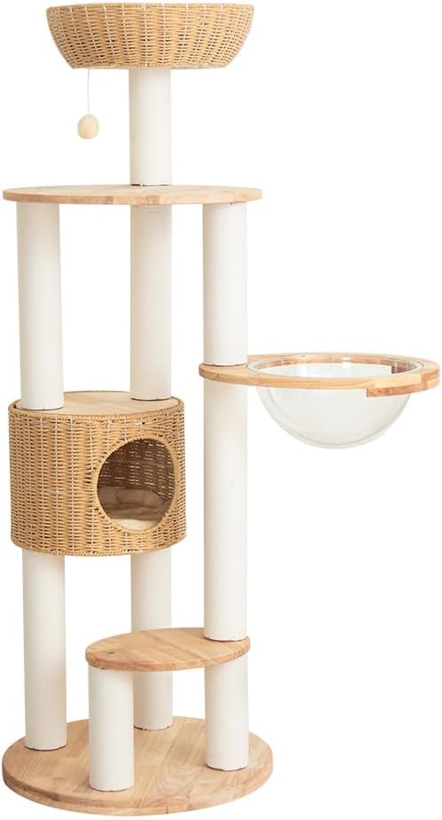 Wooden Cat Tree for Large Cats, Modern Multi-Level Condo with Natural Wood, Indoor Cat Furniture for Medium and Big Pets (Cream Y909S)-Mewly Pet