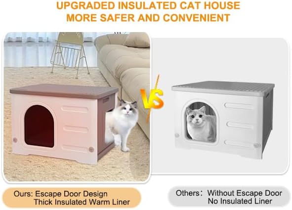 Rockever Plastic Outdoor Indoor Cat House with Insulated Liner, 100% Insulated Feral Cat House for Winter, Waterproof Cat Houses for Outdoor Cats, Spacious, Assemble Easily-Grey-Mewly Pet