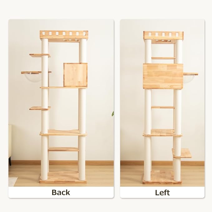 74.8" Wooden Cat Tree Tower for Large Cats, Multi-Level Cat Climbing Furniture with Scratching Posts, Cat Condo & Hammock, Natural Wood Cat Activity Center (White)-Mewly Pet
