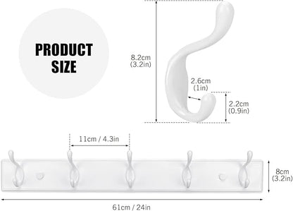 Wooden Coat Rack, Wall-Mounted Organizer for Closet, Entryway, Hallway, Foyer, Bedroom, Heavy Duty Double Hooks for Hanging Towels, Bags, Hats, Jackets, Key (White, 5 Hooks)
