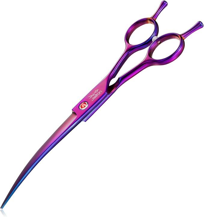 JASON 7.5" Dog Grooming Scissor - Professional Down-curved Shear with Ergonomic Handle Japanese Stainless Steel Trimming Scissor for Dogs, Cats and Other Pets, Sharp (Curved, Purple)-Mewly Pet